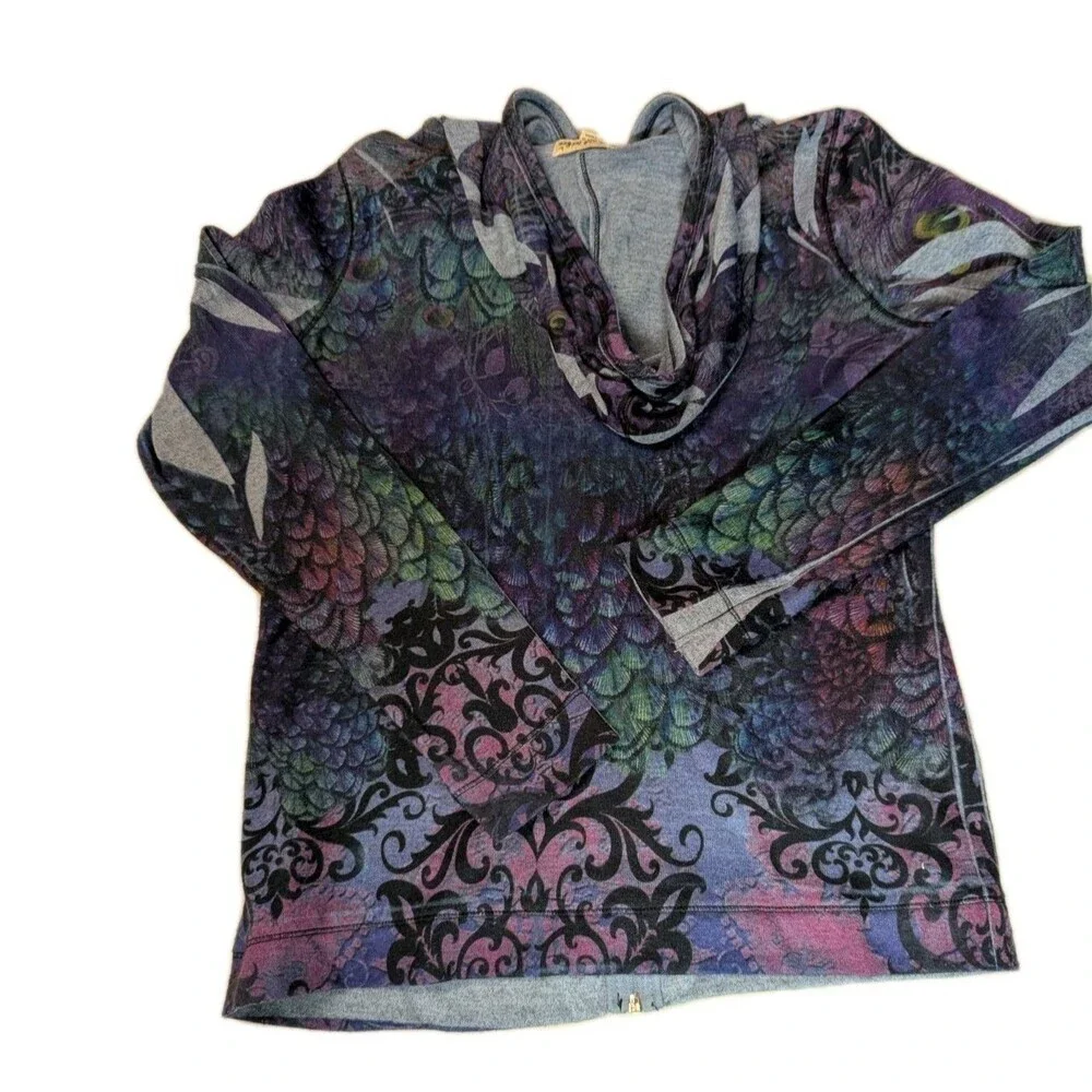 Live and Let Live Peacock Print Rhinestone Zip Up Hoodie Jacket Boho Large - Picture 8 of 14